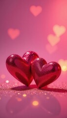 Three red heart shaped decorations on a pink surface with shiny bokeh hearts behind, Valentine's Day.