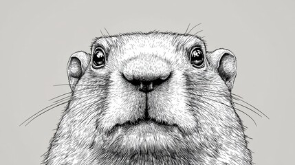 Detailed Portrait of a Realistic Groundhog Illustration in Monochrome