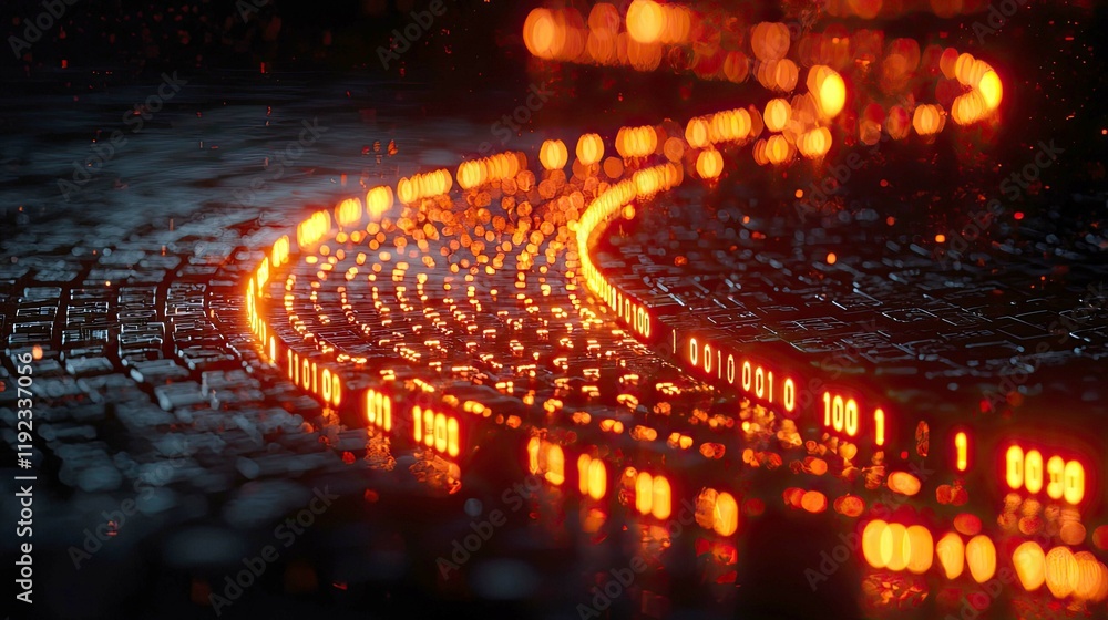 Aufkleber abstract digital art: binary code stream, glowing network, futuristic technology, cyberpunk style