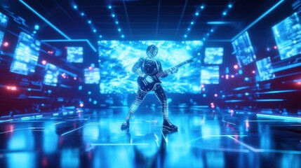 Futuristic Virtual Concert Featuring Holographic Performer in Cybernetic Neon Environment