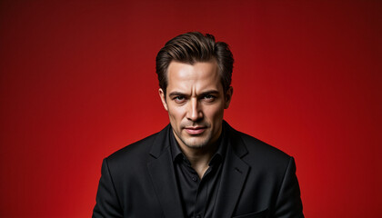 Fototapeta premium Sinister-looking man with sharp features and scowling expression against a bright red background