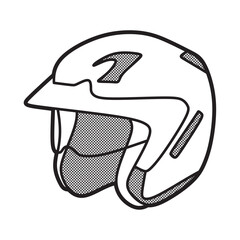 black and white vector image, half face helmet, double visor raised, facing left