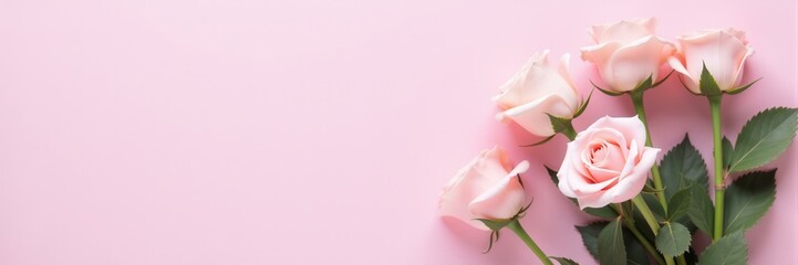 Fototapeta premium Four pink roses on a light pink background flower love concept