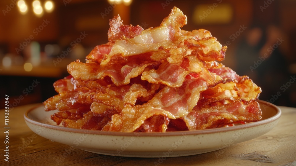 Poster A close-up of golden, crispy bacon strips piled on a plate, with a rustic background and soft lighting highlighting the texture and crunchiness