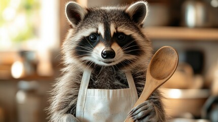 Adorable raccoon chef in an apron holding a wooden spoon, ready to cook in a cozy kitchen.