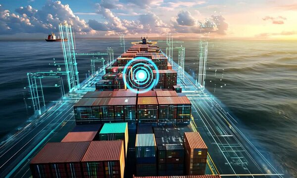 A futuristic cargo ship navigating through digital waters, showcasing advanced technology and shipping containers at sunset