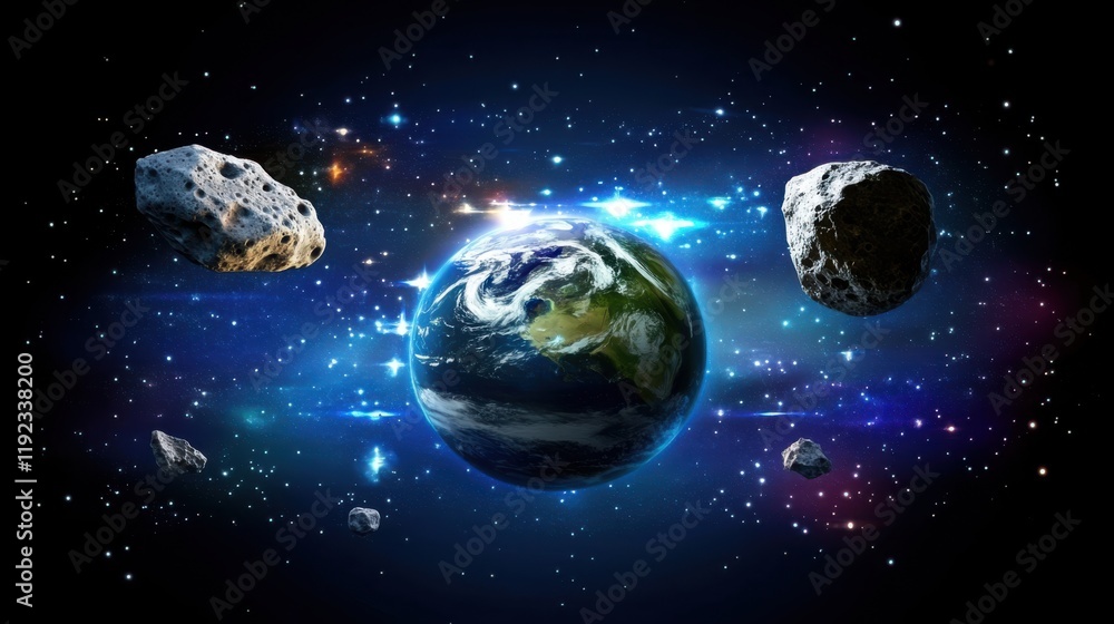 Poster stunning view of earth surrounded by asteroids in a colorful cosmic background featuring stars and n