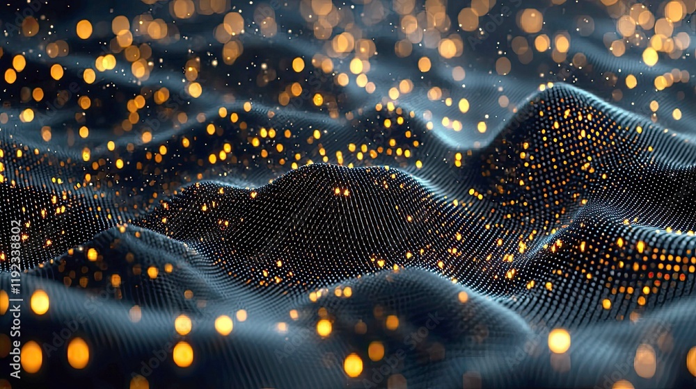 Poster abstract golden particle waves: digital art, technology, and data visualization