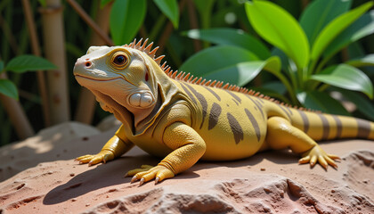 Naklejka premium Vibrant iguana perched on a smooth, weathered rock under sunny tropical afternoon light