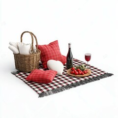 Cozy picnic setup with pillows, wine, strawberries, and a wicker basket on a checkered blanket.