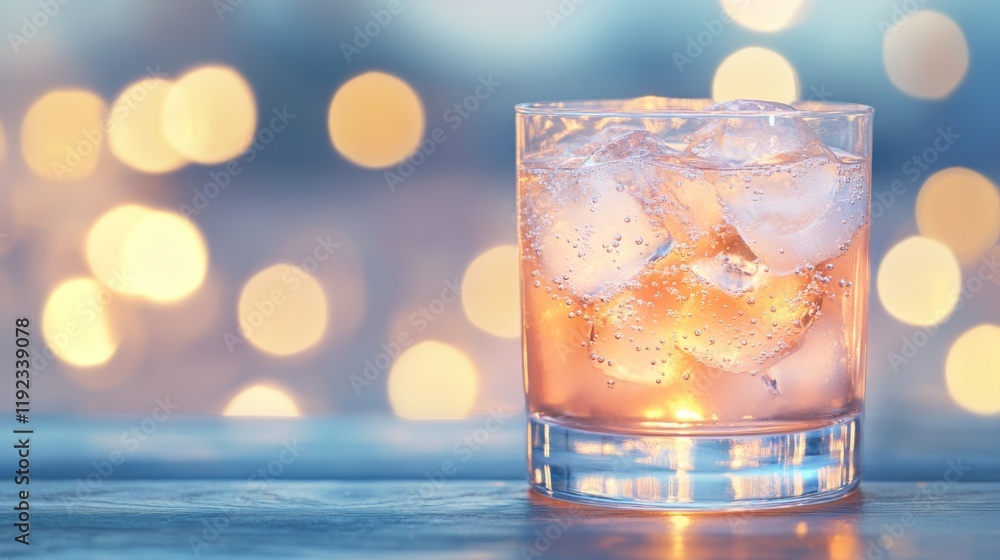 Poster a close-up shot of a glass filled with sparkling soda and ice cubes, with bubbles rising to the surf