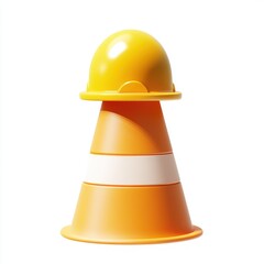 Yellow hard hat atop an orange traffic cone.