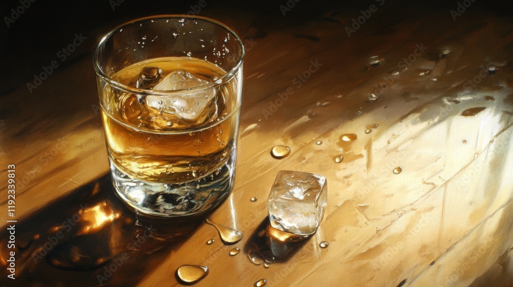 Poster a cold, chilled glass of beer with ice cubes, placed on a wooden table with droplets of condensation
