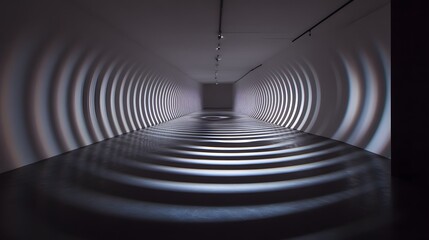 Naklejka premium Dynamic light waves creating circular patterns in modern art gallery abstract photography minimalist interior