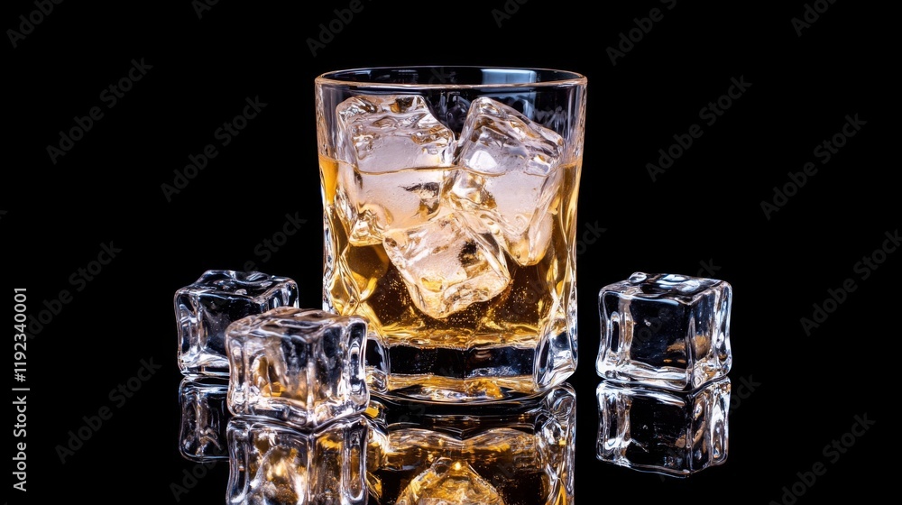 Poster a cold glass of beer with ice cubes inside, captured from a side angle with reflections on the glass