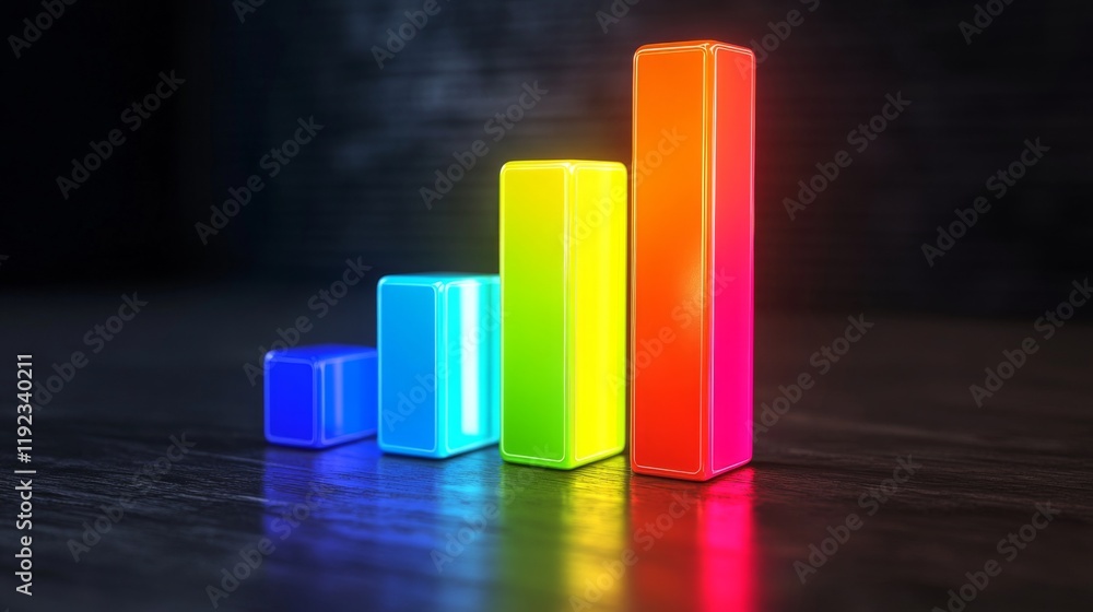 Poster a colorful d bar graph with glowing, stacked bars, illustrating progress and data analysis in a vibr