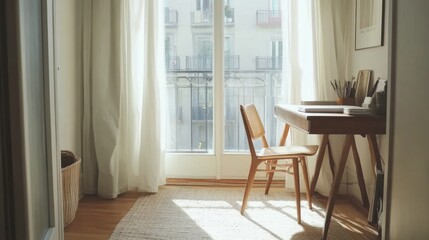 A cozy minimalist workspace featuring a small desk, a single chair, and a neutral rug, all bathed in natural light from a large window