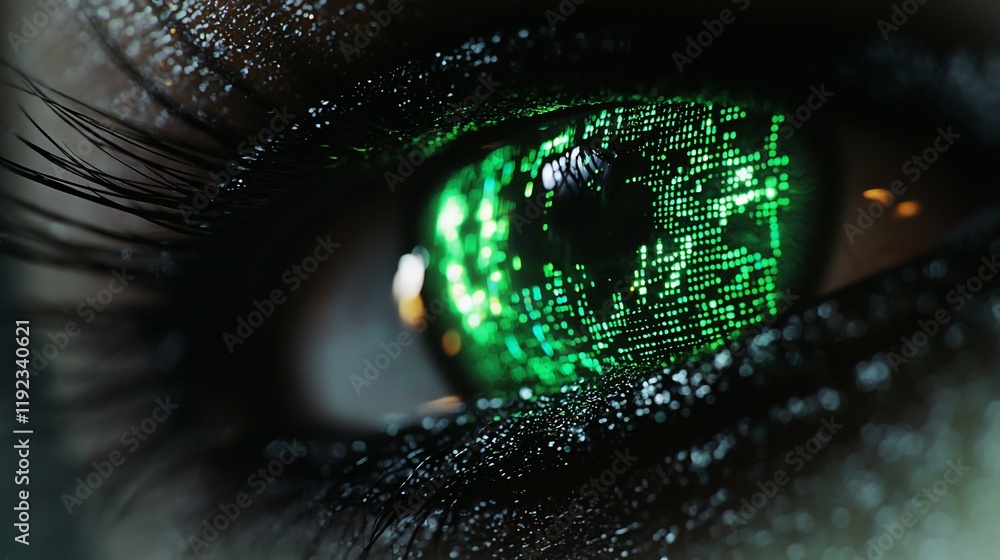 Poster close-up of a human eye with green digital code reflected in the iris.