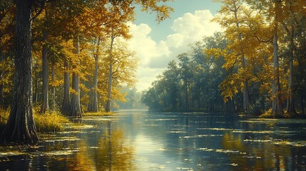 Fototapeta premium Peaceful Cypress Forest Calm River Reflection High-Resolution Scenic Nature Display Photo