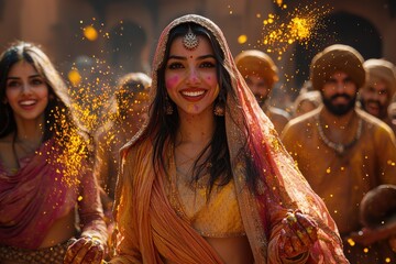 Vibrant Holi festival celebration featuring a smiling young woman in traditional Indian attire, covered in colorful powder, surrounded by others.