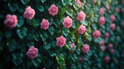 Fototapeta premium Vibrant pink roses bloom against lush green foliage