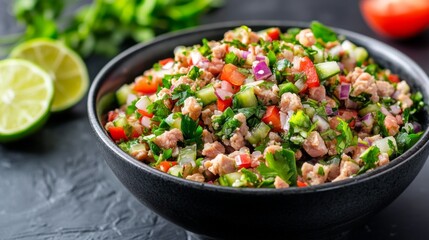 A delicious bowl of Thai Larb salad, made with minced pork, fresh herbs, and lime, served with a side of rice and showcasing the zesty and spicy flavors of the dish