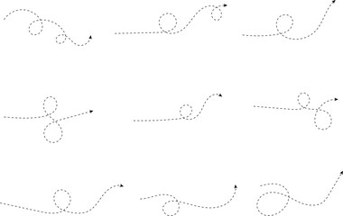 Hand drawn dotted arrows set vector illustration isolated on white background. Hand drawn freehand different curved lines, swirls arrows. Curved arrow line. Doodle, sketch style.