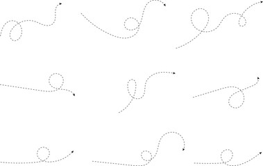 Hand drawn dotted arrows set vector illustration isolated on white background. Hand drawn freehand different curved lines, swirls arrows. Curved arrow line. Doodle, sketch style.