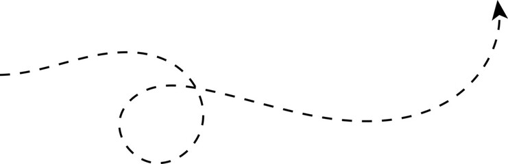 Hand drawn dotted arrows set vector illustration isolated on white background. Hand drawn freehand different curved lines, swirls arrows. Curved arrow line. Doodle, sketch style.