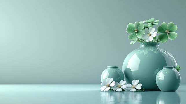 Elegant still life with green vases and white flowers on glossy surface. Saint Patrick's Day, St Paddy's Day, St Patty's Day - Irish National Holiday and Cultural Celebration