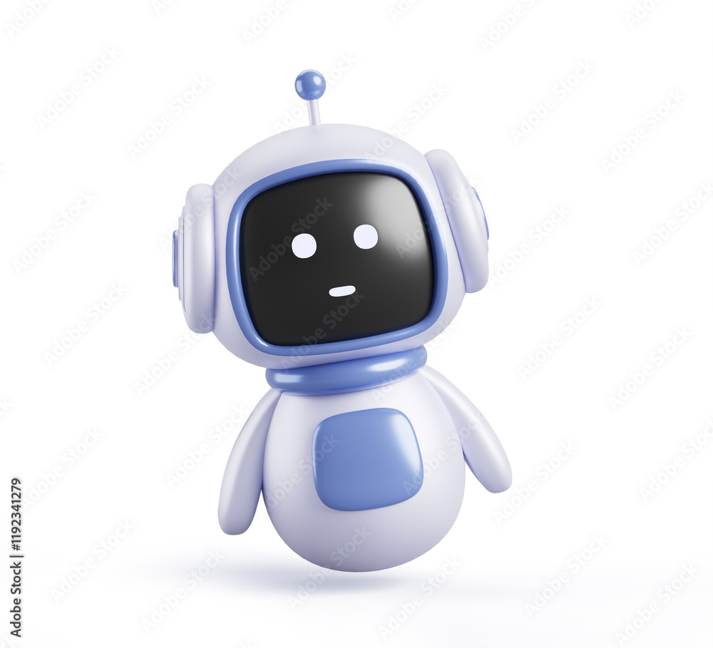 Poster chatbot robot 3d render icon. cartoon funny ai bot character with face. cute computer technology mas