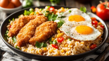 Fototapeta premium A delicious serving of American fried rice with golden-brown fried chicken, scrambled eggs, and garnished with fresh herbs and vegetables on the side