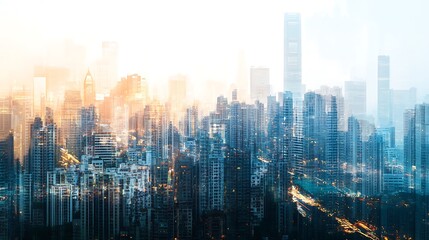 Fototapeta premium Sunrise over a dense cityscape with hazy skyscrapers and buildings.