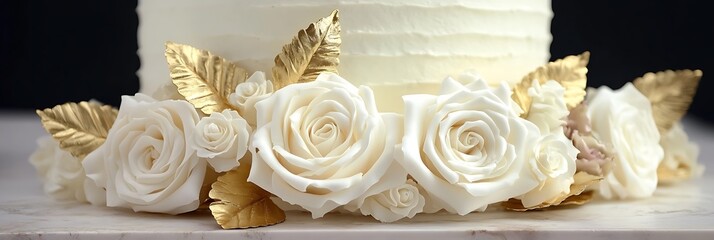 Wedding Cake Decorated with White Roses and Gold Leaf Accents