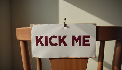 Close-up of a "Kick Me" sign pinned to a chair, illuminated by soft natural light in a cozy room