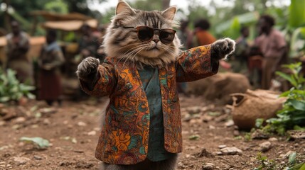 Obraz premium Fluffy cat wearing colorful jacket and sunglasses in outdoor market setting