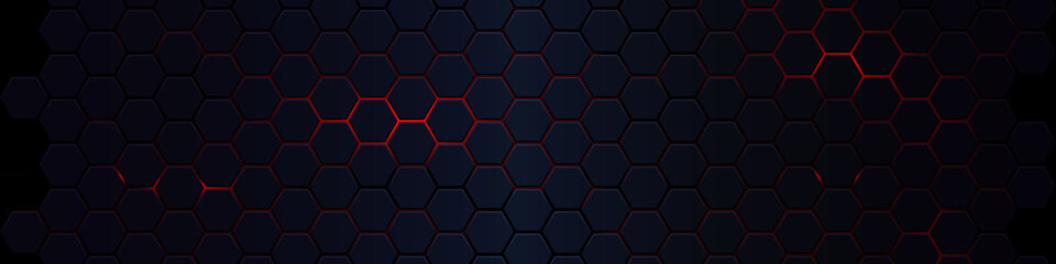 Hexagons honeycomb texture red neon background, Abstract futuristic technology backdrop banner design, Vector illustration.