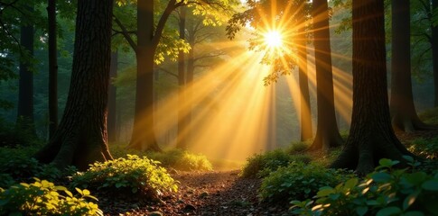 Obraz premium Golden sunlight streams through dense canopy, illuminating forest floor, leaves, quiet, golden