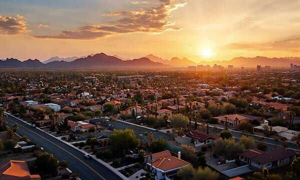 A stunning sunset over a suburban neighborhood with mountains in the background, showcasing vibrant colors and tranquility