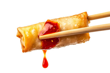 Crispy fried spring roll with dripping sauce held by chopsticks, isolated on transparent background.