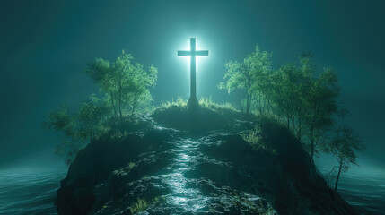 Illuminated cross on lush island at dawn surrounded by water and mist. Easter, Pascha, Paskha, Ostern, Pascua, Paques - Orthodox and Catholic Holiday celebration