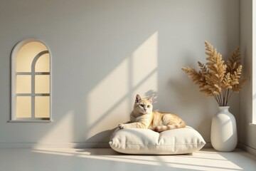 Serene Domestic Cat Resting on Plush Cushion in Sunlit Room with Minimalist Decor