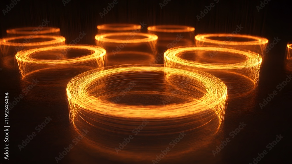 Poster dynamic light trails creating circular patterns in dark space abstract photography studio environmen