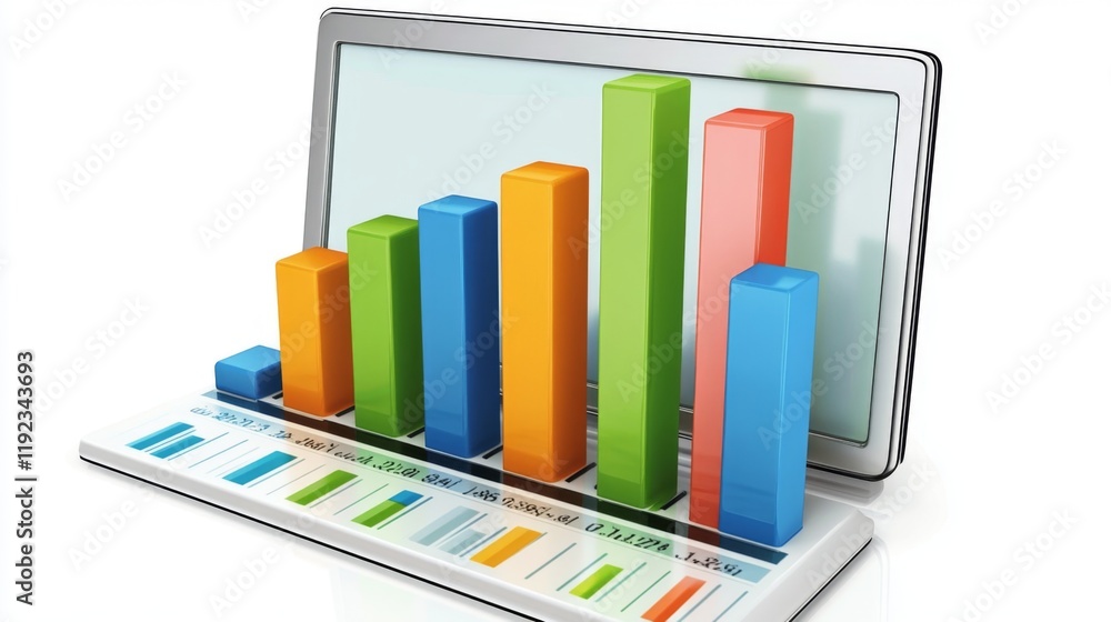 Aufkleber a financial bar graph displayed on a desktop monitor with vibrant bars in shades of green and blue, 