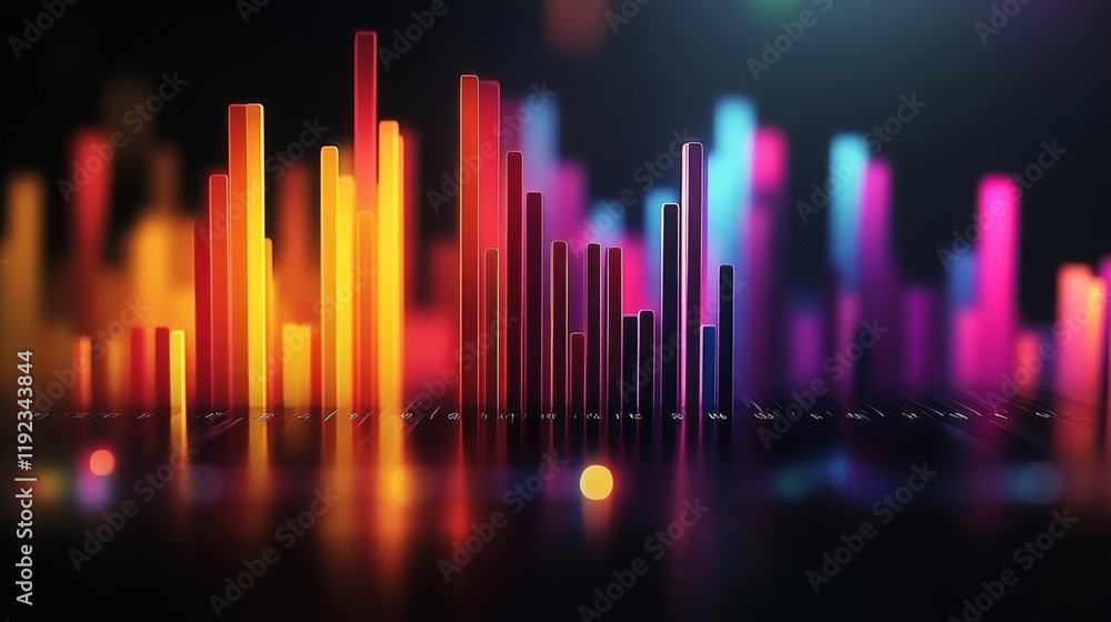 Poster a financial bar graph on a laptop screen with clear, vibrant bars in different colors, depicting mar