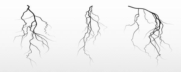 Realistic lightning flash effect, thunderstorm and lightning. Shining white lightning isolated on transparent background, natural phenomenon png. Black lightning.