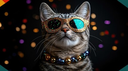 Trendy tabby cat with glitter sunglasses and beaded necklace against colorful bokeh. Mardi Gras, Fat Tuesday, Carnival Season. Bright Parades, Masks, Festive Costumes, Vibrant Atmosphere