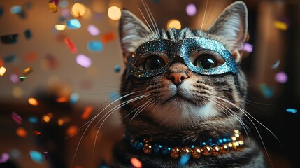 Tabby cat in glitter mask celebrating with colorful confetti. Mardi Gras, Fat Tuesday, Carnival Season. Bright Parades, Masks, Festive Costumes, Vibrant Atmosphere