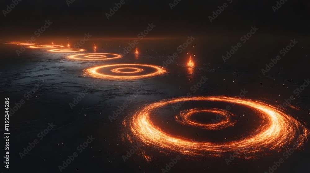 Poster illuminated circular patterns emerge from water nighttime digital artwork surreal atmosphere overvie