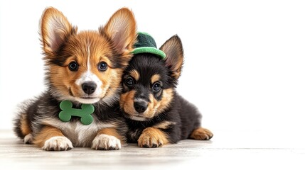 Obraz premium Cute corgi puppies wearing green accessories against white background. Saint Patrick's Day, St Paddy's Day, St Patty's Day - Irish National Holiday and Cultural Celebration